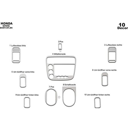 Meriç® Honda Civic Ön Torpido Kaplama 10 Parça 2001-2006