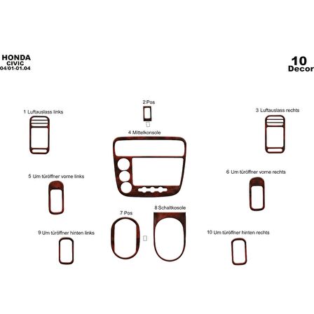 Meriç® Honda Civic Ön Torpido Kaplama 10 Parça 2001-2006