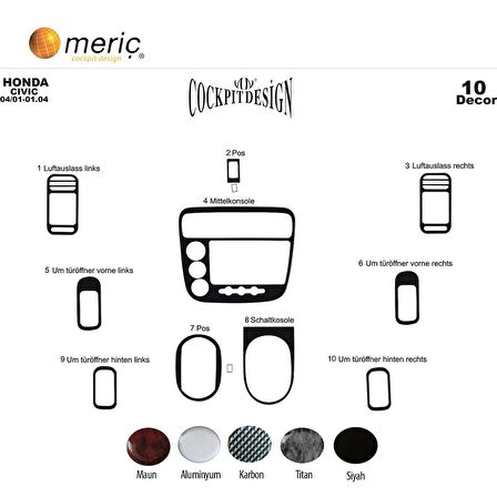 Meriç® Honda Civic Ön Torpido Kaplama 10 Parça 2001-2006