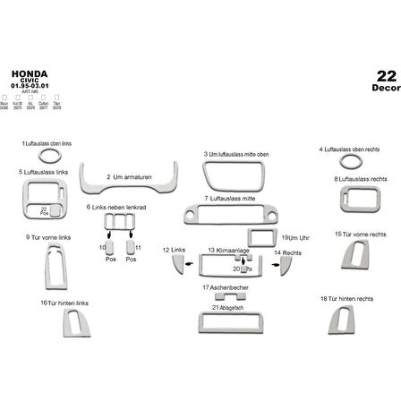 Meriç® Honda Civic Ön Torpido Kaplama 22 Parça 1995-2001