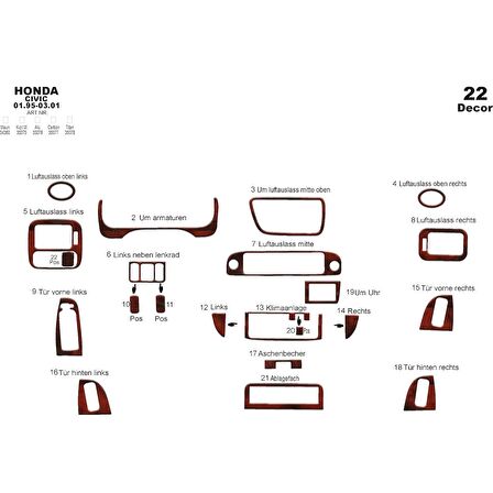 Meriç® Honda Civic Ön Torpido Kaplama 22 Parça 1995-2001