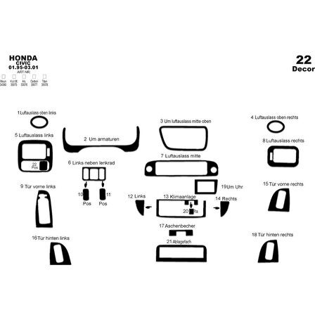 Meriç® Honda Civic Ön Torpido Kaplama 22 Parça 1995-2001