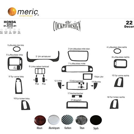 Meriç® Honda Civic Ön Torpido Kaplama 22 Parça 1995-2001