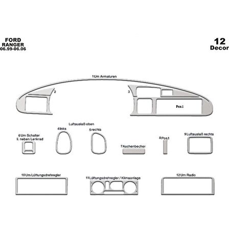 Meriç® Ford Ranger Ön Torpido Kaplama 12 Parça 1999-2006