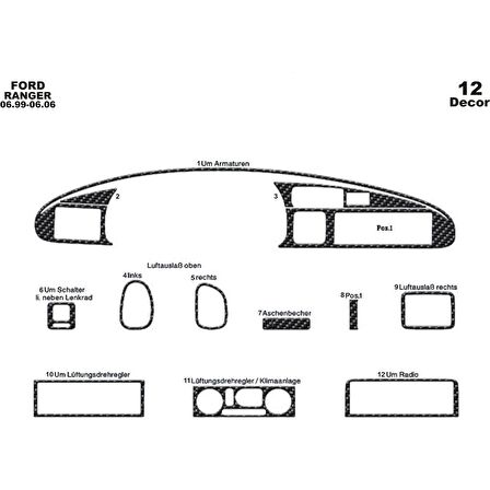 Meriç® Ford Ranger Ön Torpido Kaplama 12 Parça 1999-2006