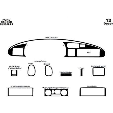 Meriç® Ford Ranger Ön Torpido Kaplama 12 Parça 1999-2006