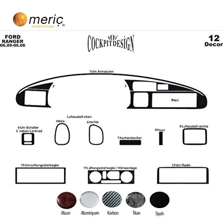 Meriç® Ford Ranger Ön Torpido Kaplama 12 Parça 1999-2006