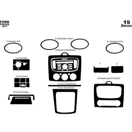 Meriç® Ford Focus Ön Torpido Kaplama (M.Klima) 19 P. 2004-2012