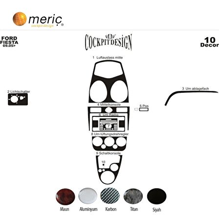 Meriç® Ford Fiesta Ön Torpido Kaplama 10 Parça 2005-2010
