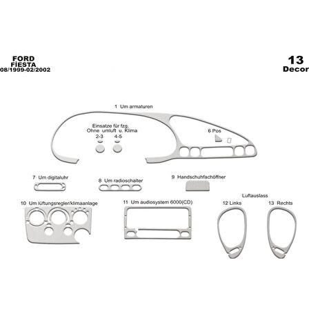 Meriç® Ford Fiesta Ön Torpido Kaplama 13 Parça 1999-2002