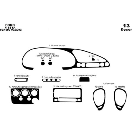 Meriç® Ford Fiesta Ön Torpido Kaplama 13 Parça 1999-2002