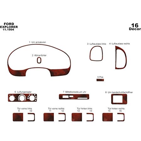 Meriç® Ford Explorer Ön Torpido Kaplama 16 Parça 1993-1995