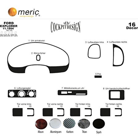 Meriç® Ford Explorer Ön Torpido Kaplama 16 Parça 1993-1995