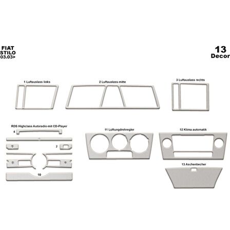 Meriç® Fiat Stilo Ön Torpido Kaplama 13 Parça 2003-2009