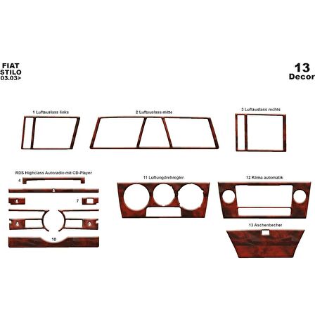 Meriç® Fiat Stilo Ön Torpido Kaplama 13 Parça 2003-2009