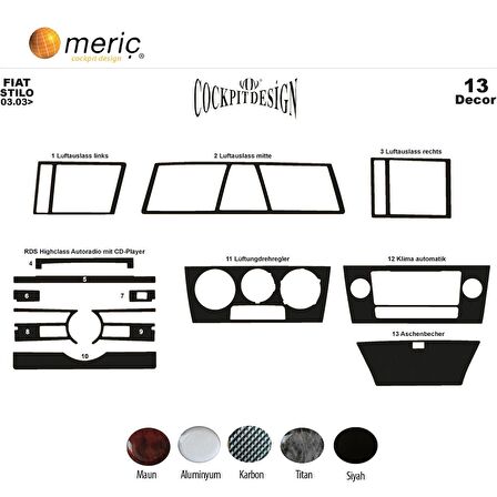 Meriç® Fiat Stilo Ön Torpido Kaplama 13 Parça 2003-2009