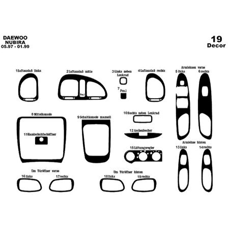 Meriç® Daewoo Nubira 1 Ön Torpido Kaplama 19 Parça 1997-1999