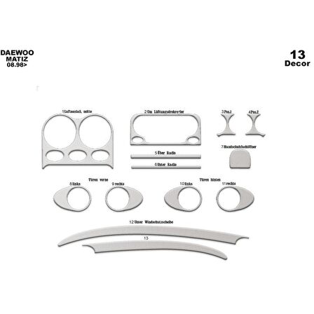 Meriç® Daewoo Matiz Ön Torpido Kaplama 13 Parça 1998-2005