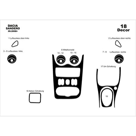 Meriç® Dacia Sandero Ön Torpido Kaplama 18 Parça 2008-2019