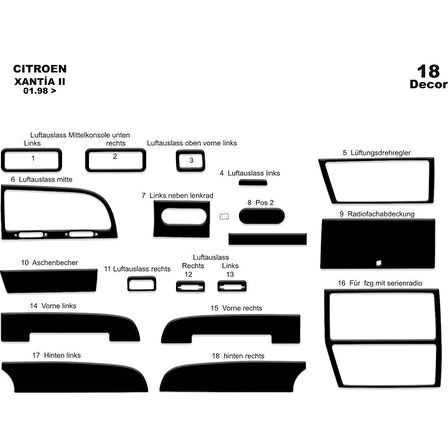 Meriç® Citroen Xantia 2 Ön Torpido Kaplama 18 Parça 1998-2006