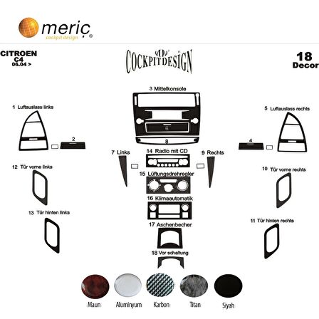 Meriç® Citroen C4 Ön Torpido Kaplama 18 Parça 2004-2010