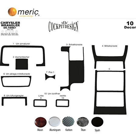 Meriç® Chrysler Wrangler Ön Torpido Kaplama 10 Parça 1996-2004