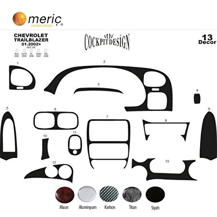 Meriç® Chevrolet Trailblazer Ön Torpido Kaplama 13 Parça 2002-2007