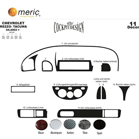 Meriç® Chevrolet Rezzo Tacuma Ön Torpido Kaplama 11 P. 2002-2009