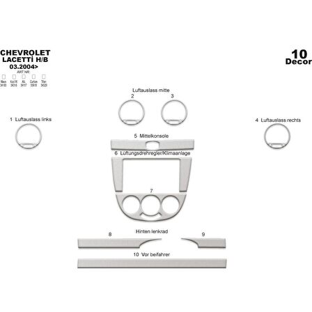 Meriç® Chevrolet Lacetti Hb Ön Torpido Kaplama 10 Parça 2004-2009