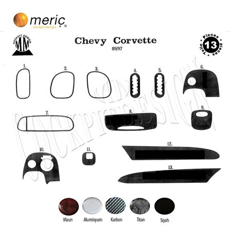 Meriç® Chevrolet Corvette Ön Torpido Kaplama 13 Parça 1997-2005