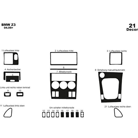 Meriç® Bmw Z3 Ön Torpido Kaplama 21 Parça 1999-2005