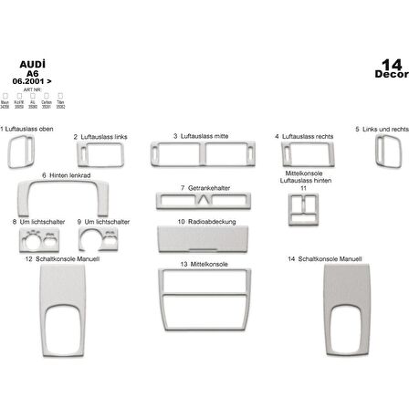 Meriç® Audi A6 Ön Torpido Kaplama 14 Parça 2001-2004
