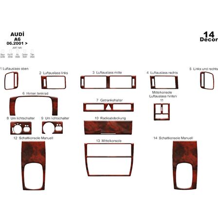 Meriç® Audi A6 Ön Torpido Kaplama 14 Parça 2001-2004