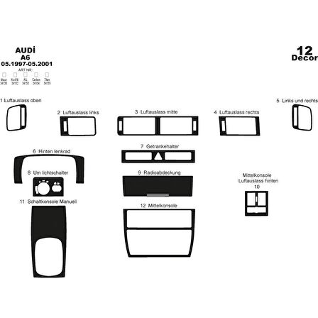 Meriç® Audi A6 Ön Torpido Kaplama 12 Parça 1997-2001