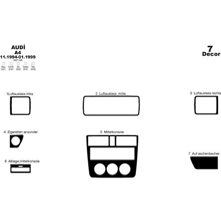 Meriç® Audi A4 Ön Torpido Kaplama 7 Parça 1994-1999