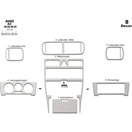 Meriç® Audi A3 Ön Torpido Kaplama 8 Parça 1996-2000