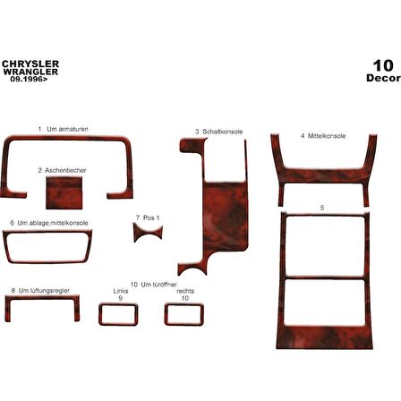 Meriç® Chrysler Wrangler Ön Torpido Kaplama 10 Parça 1996-2004
