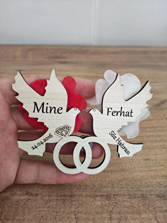 20 Adet Ahşap Kanarya Yüzüklü Söz, Nikah, Nişan, Kına, Düğün Magneti, Hediyelik Magnet