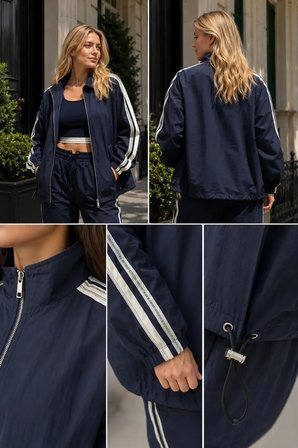 Kadın Lacivert Spor Takım – Şerit Detaylı Crop, Oversize Ceket ve Lastikli Bağcıklı Pantolon - 2322