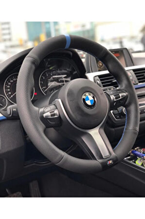 Mavi Yüzüklü Nubuk(Muadil Alcantara)- Nokta Desen Deri Kombin Oto Direksiyon Kılıfı