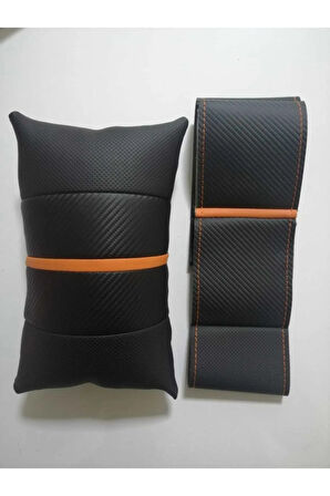 Turuncu Yüzüklü Karbon-noktalı Deri Direksiyon Kılıfı Ve Oto Araç Seyehat Boyun Yastık Seti