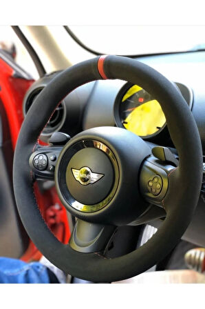 Mini Cooper Kırmızı Yüzüklü Alcantara Nubuk Deri Direksiyon Kılıfı
