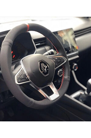 Renault Clio 5 Kırmızı Yüzüklü Nubuk-noktalı Deri Direksiyon Kılıfı