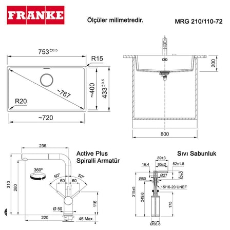 Franke MRG 110-72 Üçlü Set, Nero renk, Evye - Armatür - Sabunluk