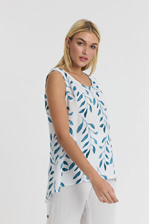 Müslin Askılı Bluz - Zeytin Dalı Desen Arkası Düğme Detaylı-1115