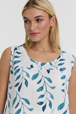 Müslin Askılı Bluz - Zeytin Dalı Desen Arkası Düğme Detaylı-1115