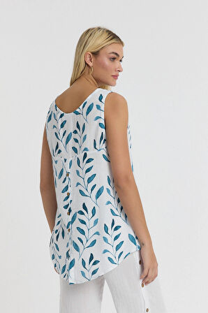 Müslin Askılı Bluz - Zeytin Dalı Desen Arkası Düğme Detaylı-1115