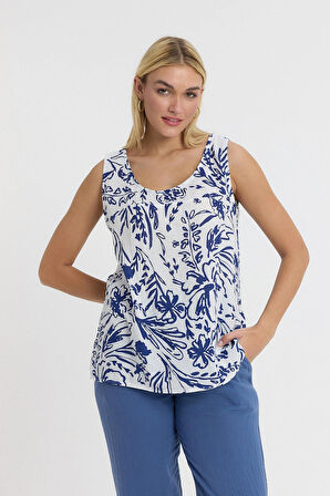 Müslin Askılı Bluz - Defne Yaprağı Desen Arkası Düğme Detaylı-1115