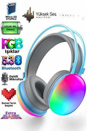 Yeni Nesil Kulak Üstü Kablosuz Uzun Ömürlü RGB Işıklı Bluetooth Kulaklık