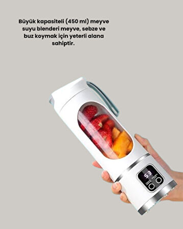 450 ml Taşınabilir Blender – Tip-C Şarjlı 12 Bıçaklı Meyve Sıkacağı
